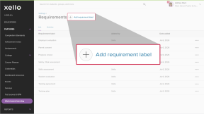 In Work-based learning, the Requirements page. The Add requirement label button is highlighted.